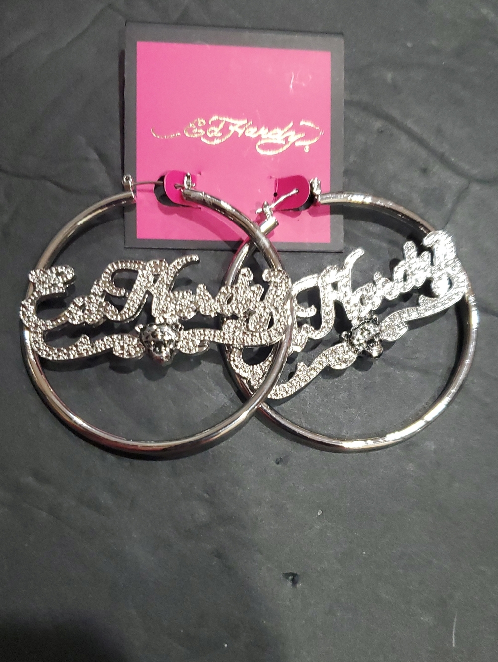 Ed Hardy silver plated crystal pave monogram iconic ed hardy tiger hoop earrimgd